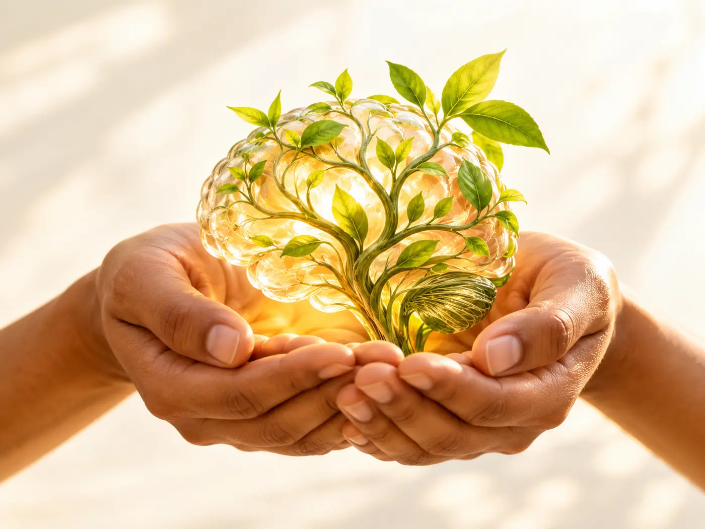 A glowing illustration of a child's brain growing like a plant, held in careful hands