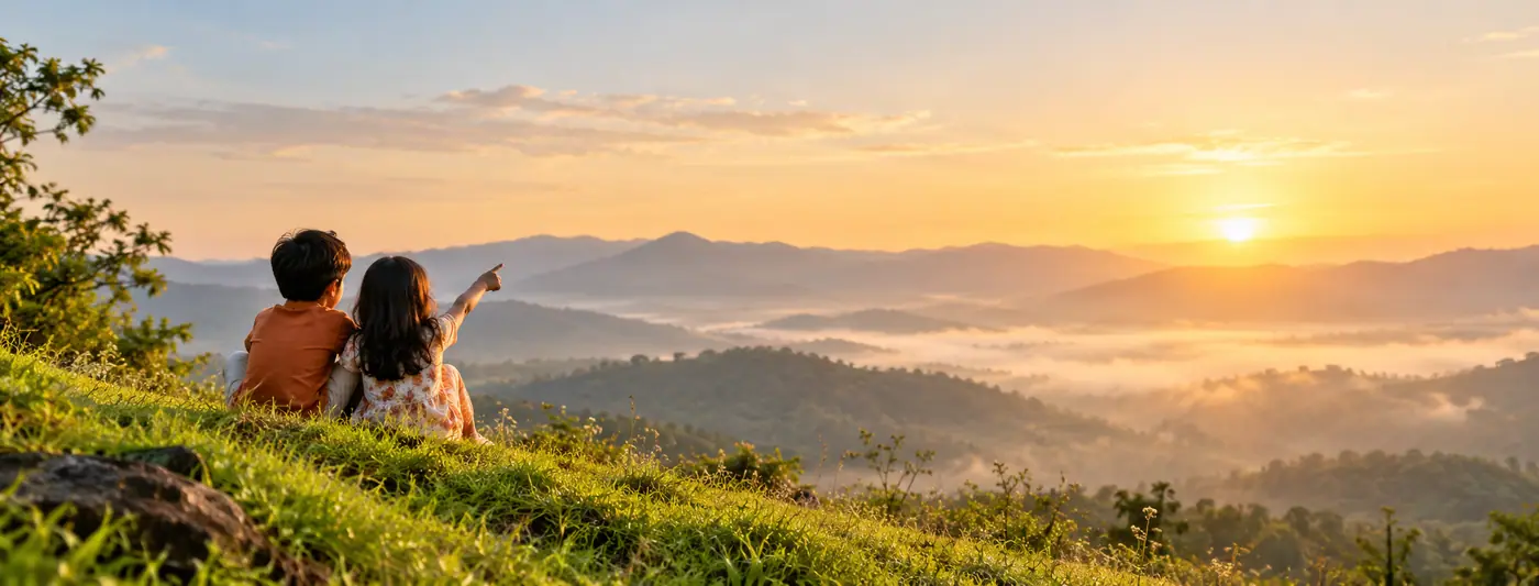 Two children sitting on a hill at sunrise, one pointing toward the horizon