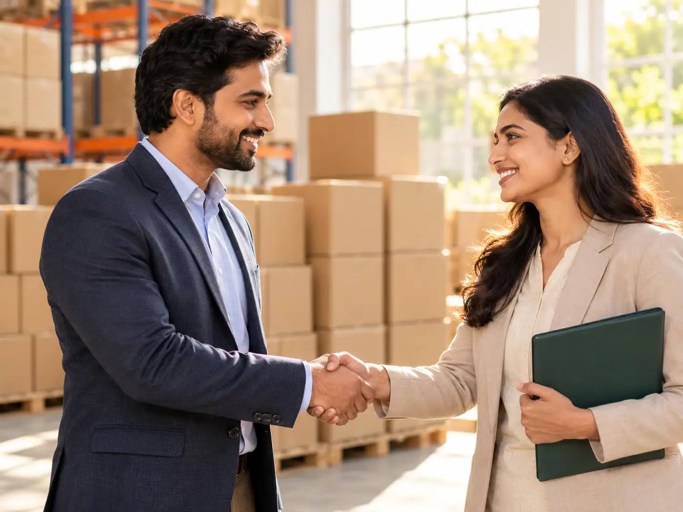 Two business partners shaking hands in front of a warehouse of packed cartons