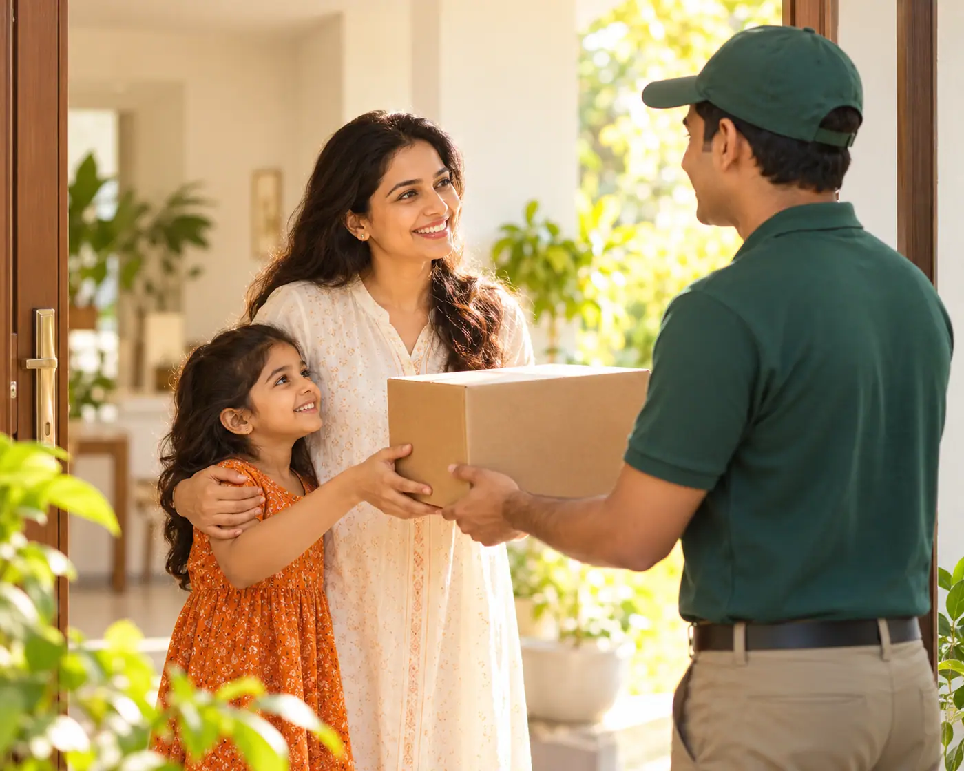 A parent and child receiving a SATRINOVA delivery at their front door