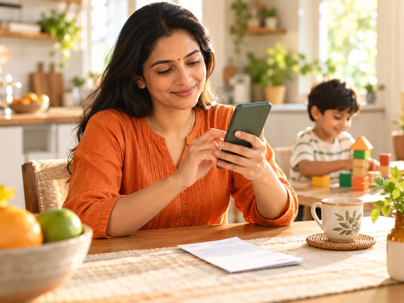 A parent placing an order on a phone at a bright kitchen table