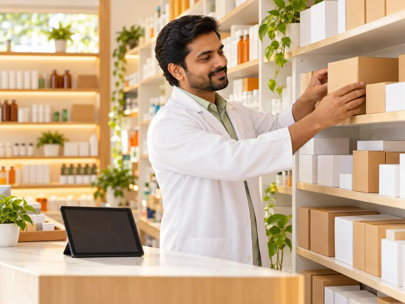 A pharmacist arranging boxes on the shelves of a neat medical shop