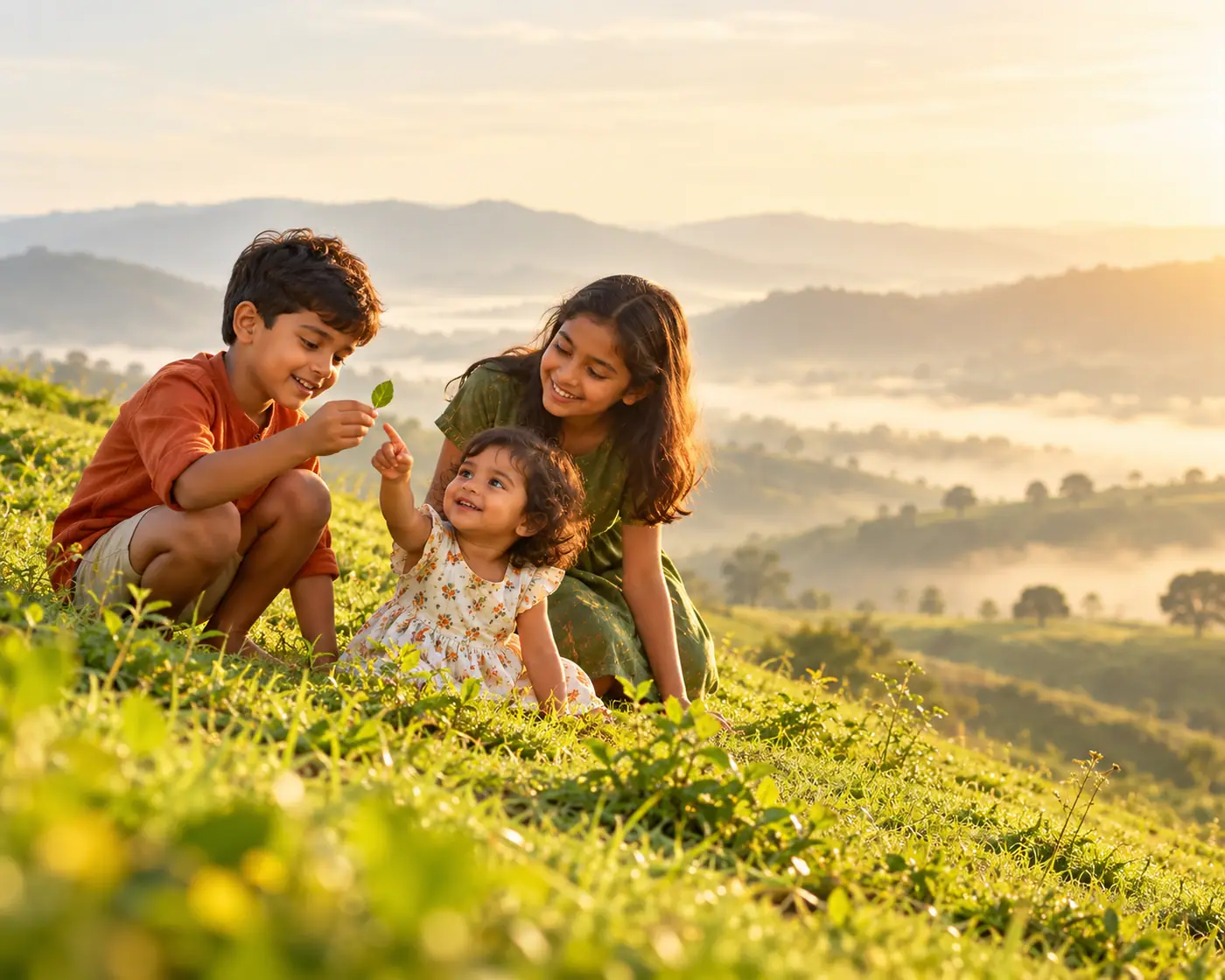 Children learning, playing and exploring together outdoors in golden light