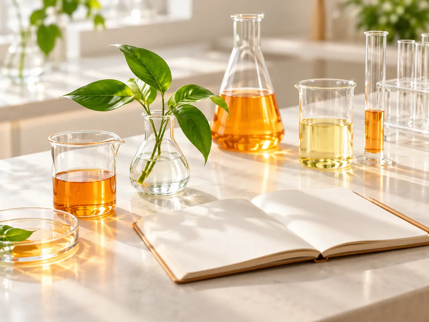 A clean laboratory bench with glassware and a notebook