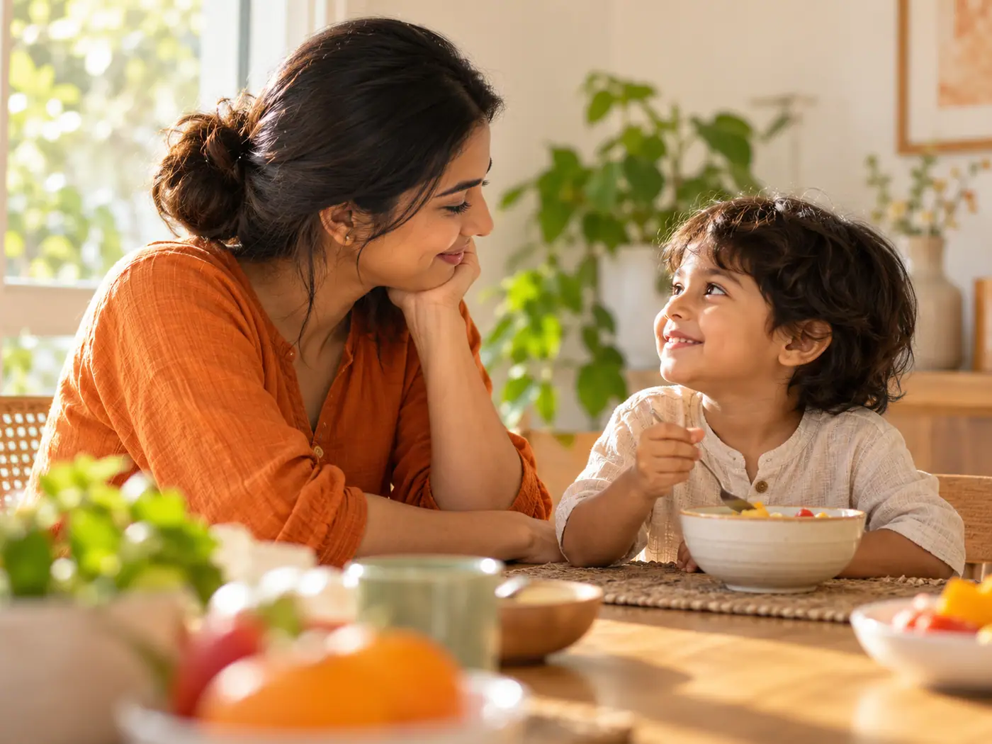 A parent and child sharing a calm morning moment at a table
